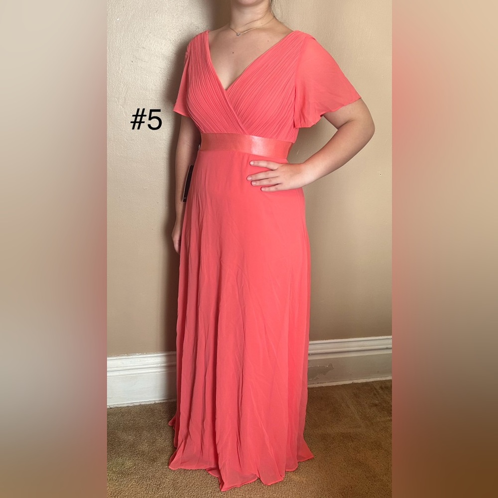Ladies coral chiffon, V neck, full length, short sleeve